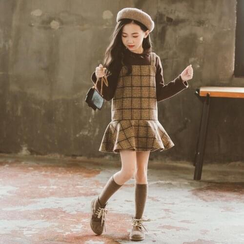 FashionChildren Set Top and Plaid Dress 2pcs Suit Plus Velvet Girls Pullover and Warm Dress Suit for New Year Fashion Kids Set