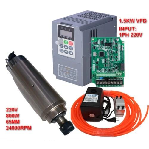 220v 800w 65mm Spindle Motor + 1.5kw inverter VFD+75W water pump kits 24000rpm For CNC Engraving