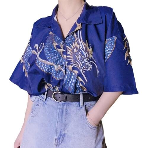 Brand New Women Fashion National Style Lapel Pocket Dragon Printed Shirt Unisex Loose Short-sleeved Cardigan Plus Size Outfits