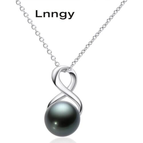 Lnngy New 925 Sterling Silver Necklace 9-9.5mm Tahitian Spiral Black Pearl Semi-baroque Necklace Women Anniversary Jewelry Gifts