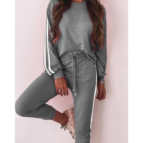 Autumn Striped Womens Sets Solid Loose O-neck Long Sleeve Drawstring Pants Female Set 2021 New Fashion Casual Sport Ladies Suit