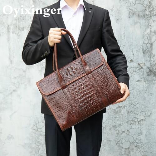 Oyixinger Mens Handbag Genuine Leather Briefcase Bag 2020 New Shoulder Bags For Male Crocodile Office Bags For 13.3inch Laptop