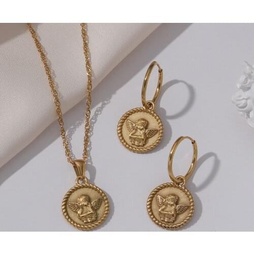 Bohe Angel Circle Pendant 18k Gold Plated Necklaces for Women Stainless Steel Chokers Fashion Couple Jewelry Girls Hoop Earrings