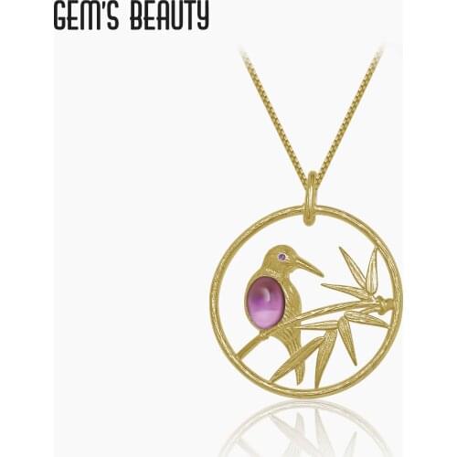 GEMS BEAUTY 18K Gold Filled 925 Sterling Silver Necklace For Women Jungle Bird Branch Round with Natural Amethyst Necklace
