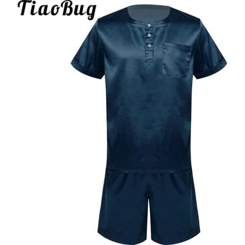 Soft Satin Pajama Sets Men Sleepwear Summer Casual Lounge Clothes Silk Short Sleeve Button Top with Shorts Sleep Bottoms Outfits