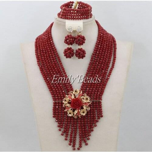 Terrific New Chunky Layered Red Nigerian Crystal Beads Jewelry Set Wedding African Jewelry Sets Handmade Free Shipping AIJ076