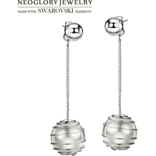 Neoglory Simulated Pearl Round Ball Long Dangle Earrings Cute Stylish For Girl Daily Long Dress Party Brilliant Lady