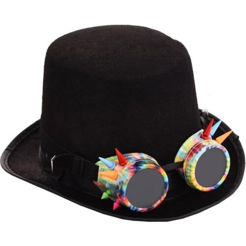 Steampunk Colorful Goggle Black Hat Vintage Goggles Hat Steam Punk Gothic Top Hats Fedora Accessories
