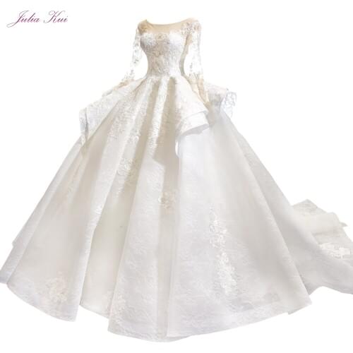 Julia Kui High-end Vintage Puffy Skirt Of Ball Gown Wedding Dresses With Long Sleeve Beauty Bridal Gowns Robe de Mariage