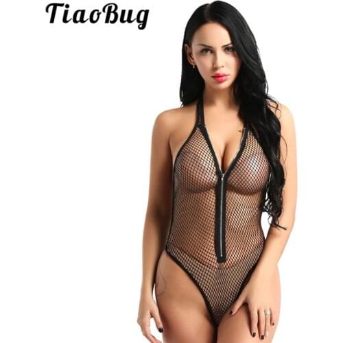 TiaoBug Black/White Women Sexy Swimwear Thong Bodysuit Front Zip Fishnet See Through One-piece Swimsuit Bikini Cover-up Leotard
