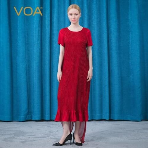 VOA Silk Jacquard Sunset Red Prom Dress O-Neck Short Sleeve Three-dimensional Fold Bright Line Decorative Party Dresses AE893
