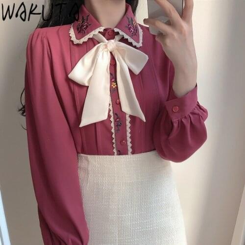 WAKUTA Bow Tie Embroidery Floral Blouses Women Loose Casual Long Sleeve Tops Female Korean Offical Solid Chiffon Shirts Vintage