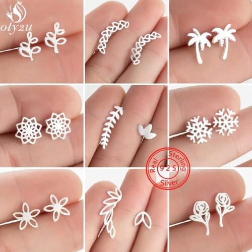 Bohemian Fashion 925 Sterling Silver Earrings Women Geometric Rose Flower Snowflake Stud Earring Simple Leaf Ear Climber Girls