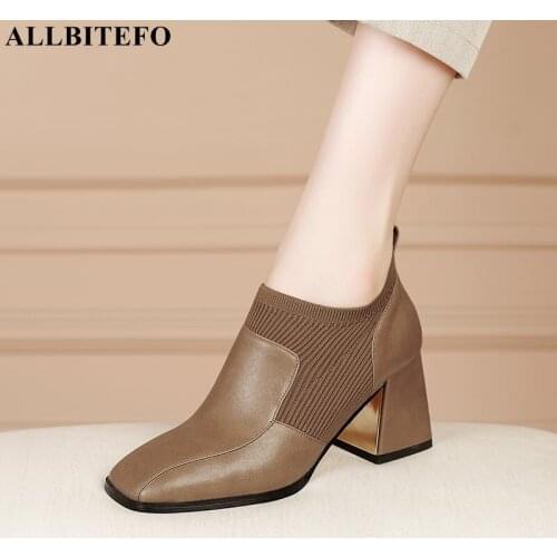 ALLBITEFO Size 34-42 Square Toe Genuine Leather Women Heels Shoes Fashion Girls Office Work High Heel Shoes Talons hauts femme