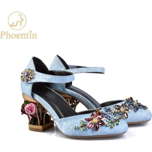 Phoentin crystal mary jane shoes women flower med fretwork heels velvet sheepskin material hook&loop Ethnic wedding shoes FG109