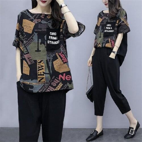 L-5XL Large Size Tracksuit Women Two Piece Set Summer Clothes Fashion Print Casual Loose Top and Pants Sweat Suit Leisure Outfit