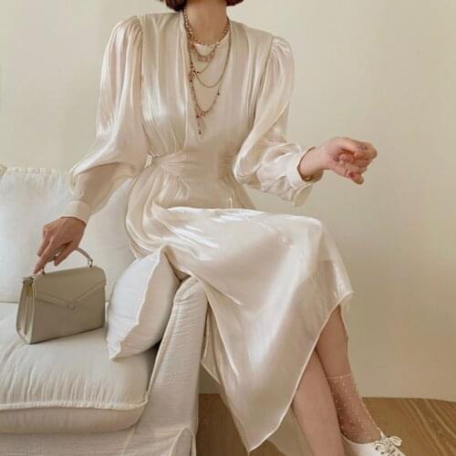 Korean 2021 Irregular Solid O-neck Femme Robe Elegant Women Dress Spring Chic Slim Waist Vintage Loose Vestidos De Mujer 15163