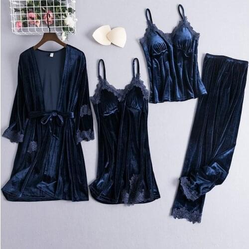 Lady Sexy Kimono Bathrobe Gown 4PCS Robe Suit 2021 New Sleepwear Nightgown Soft Velour Nightdress Sexy Intimate Lingerie