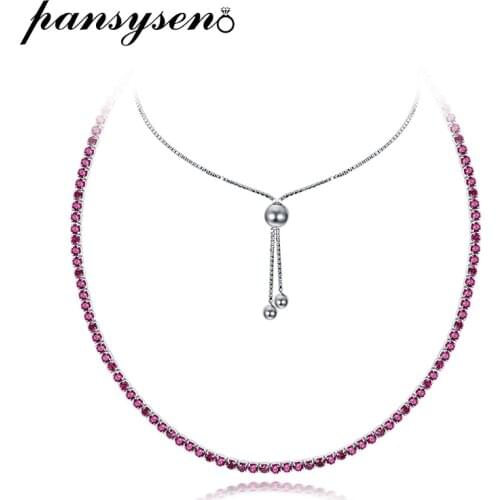 PANSYSEN 100% 925 Sterling Silver 2.5MM Ruby Diamonds Gemstone Adjustable Necklaces for Women Girls Party Fine Jewelry Wholesale