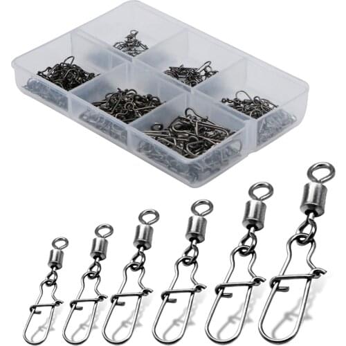 120pcs 6 Size Fishing Accessories Connector Pin Bearing Rolling Swivel Stainless Steel Snap Fishhook Lure Swivel Tackle Box Tool
