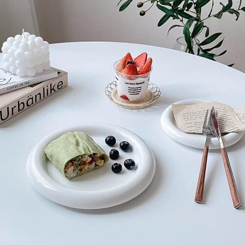 8 Inch Ceramic Flat Plate Nordic Pure White Dessert Plato Solid Color Salad Breakfast Plateau Color Glaze Round Steak Assiette