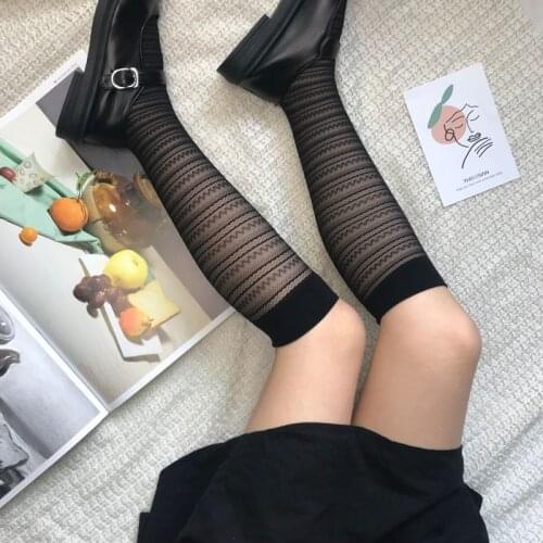 Japan Lace Women Stockings Black Lolita High Knee Socks Femme Stripe Wave Elastic Long Socks Thin Stocking Dress Calcetine