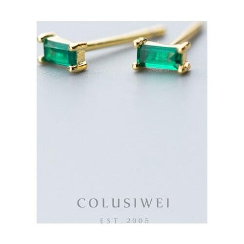 Colusiwei Emerald Cut Green Crystal Small Tiny Stud Earring 925 Sterling Silver Rectangle Earring for Women Lady Wedding Jewelry