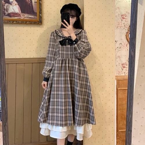 French Sweet Gentle Retro Plaid Long Sleeve kawaii clothing sweet lolita dressTight Waist Slim Looking Graceful Mid-Length Dress
