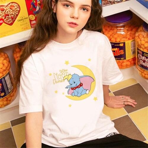 Disney Women Tshirt Anime Dumbo Elephant Print Kawaii Short Sleeve Cartoon Summer O-Neck Tee Shirt Femme Clothes Dropship