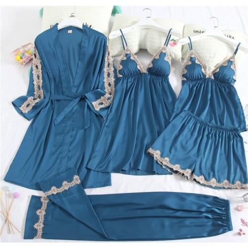 5PCS Lace Robe Gown Sets Sexy Womens Satin Nighty Bathrobe Nightgown Sleep Suit Spring Sleepwear Home Kimono Lounge Pajamas