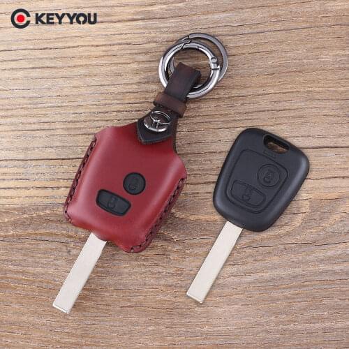 KEYYOU Leather Car Key Cover Holder for Peugeot 206 307 207 408 For Citroen C2 C3 C4 2 Button Key Fob Case Shell