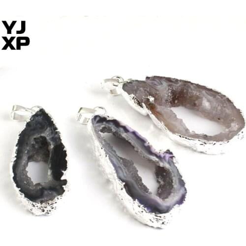 YJXP Silver Plated Random Irregular Shape Unique Natural Stone Carnelian Geode Slice Pendant Jewelry for Gift