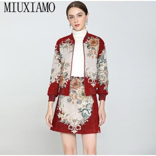 MIUXIMAO 2020 High Quality Autumn Two piece set Fashion Long Sleeve Diamonds Red Jacket+ Dress Office Lady Suit Women
