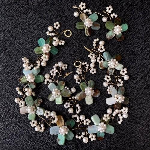 Natural Stone Statement Green Chrysoprase Real White Pearl Flower Handmade Necklace Bracelet Earrings Set
