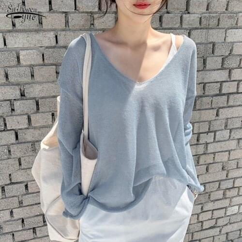 2021 Spring and Summer New Solid Color Super Thin Sunscreen Perspective Sweater Korean Loose Sexy V-neck Pullover Tops 9829