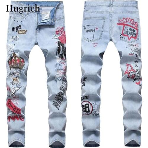 New Hole Embroidery 3D Print Design Skinny Slim Fit Jeans Men Fashion Men Pants Cotton Blue Trousers Hip Hop Homme Plus Size