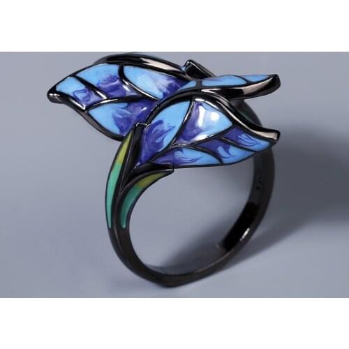 CIZEVA Handmade Blue Enamel Flower Engagement Wedding Rings Women 925 Sterling Silver Elegant Bud Black Gold Finger Ring Jewelry