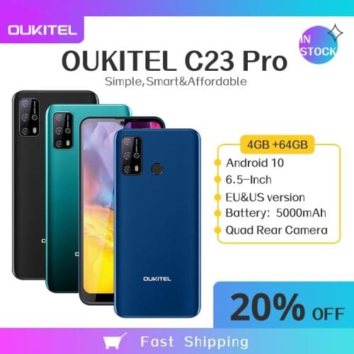 OUKITEL C23 Pro Mobile Phone 6.53 inch 4GB 64GB 4G 720*1600 13MP MT6762V Smartphone Android 10 5000mAh OTG 5V/2A Mobile Phone