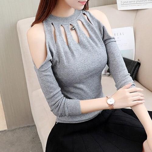 Off-The-Shoulder Sweater Hollow-Out Show Thin Knitting Female O-Neck Fall Winter Render Unlined Long-Sleeve Sexy Women Clothing