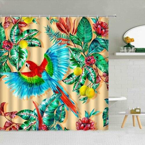 Tropical Green Leaves Flowers Birds Shower Curtain Colored Parrot Toucan Flamingo Zebra Cloth Bathroom Decor Hooks Curtains Set
