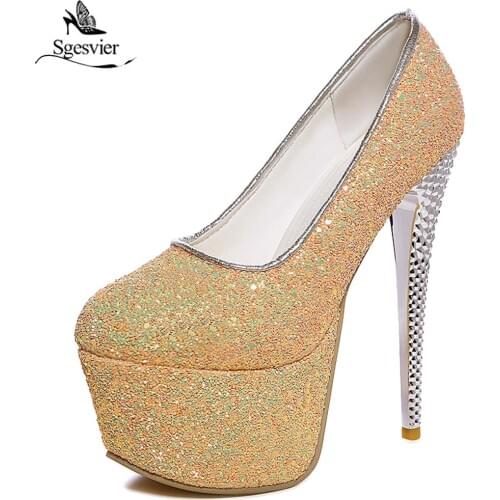 Sgesvier Bling Shoes Woman Fashion Thin High Heels 16CM Pumps Shallow Round Toe Platform Pumps Party Wedding Shoes Size 48 B555