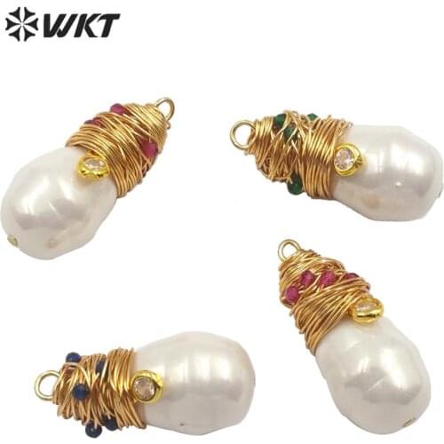 WT-JP168 Natural shell pendant shell bead with wire wrapped CZ charm pendant Fashion woman Elegant handmade Jewelry