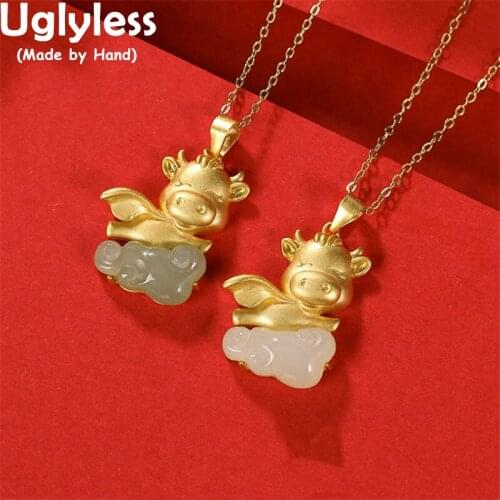 Uglyless Flying Bull Demon Jewelry Women Jade Lucky Clouds Pendants Necklaces NO Chain OX Year 925 Silver Gifts Animals Bijoux