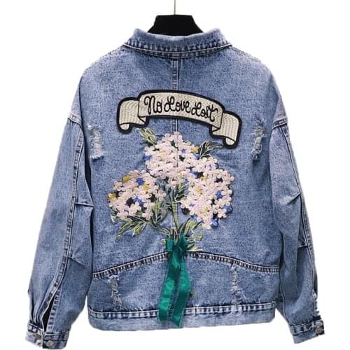 2020 Hole denim Jacket Women embroidery Denim Jacket Short Loose Spring Autumn Korean Coat Women Casual denim Outerwear R55