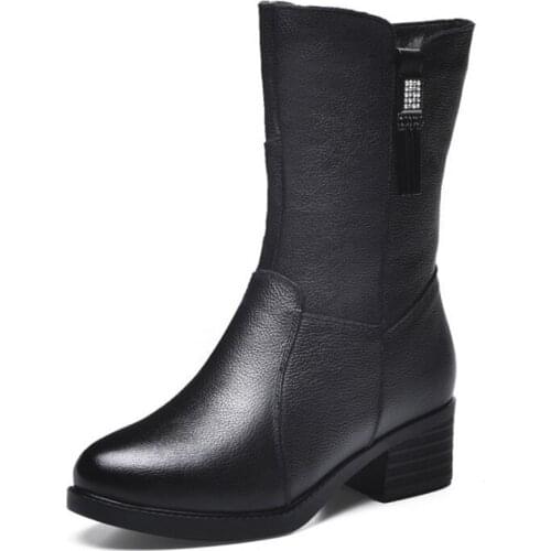 New 100% Natural Full genuine leather shoes woman black shoes woman boots in-tube autumn winter shoes fashion boots snow boots