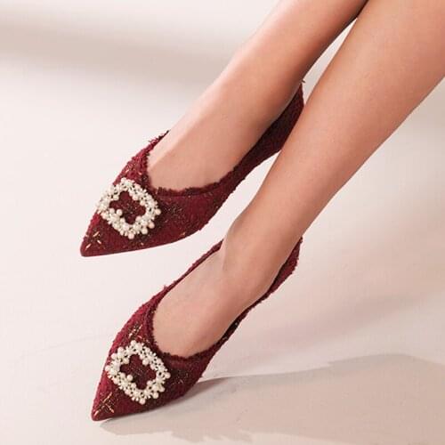 Brand Knitted Fabric Shoes Ladies Pearl Buckle Flats String Beaded Ballet Flats Women Mixed Color Cloth Single Shoes 2020 Female