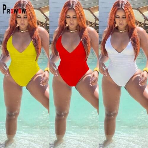 Prowow One Piece Women Bikini 2021 New Summer Solid Color Backless Swimsuits V-neck Sexy Bodysuits Swimwear Bathing Suits