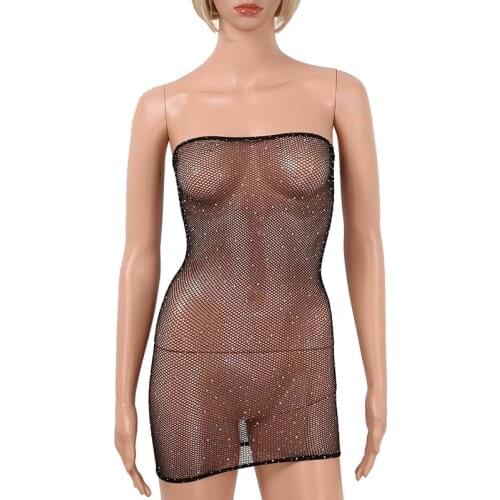 Women See Through Glitter Mesh Tube Mini Dress Babydoll Stretchy Strapless Erotic Lingerie Dance Wear