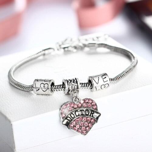 12PC/Lot Engrave Doctor Bracelet Love Heart Crystal Rhinestone Charm Chain Bangle For Women Nurse Medical Doctors Jewelry Gifts