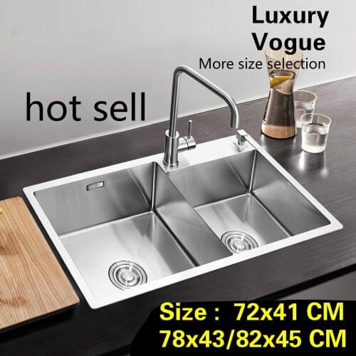 Free shipping Fashion standard big kitchen manual sink double groove durable stainless steel hot selling 72x41/78x43/82x45 CM